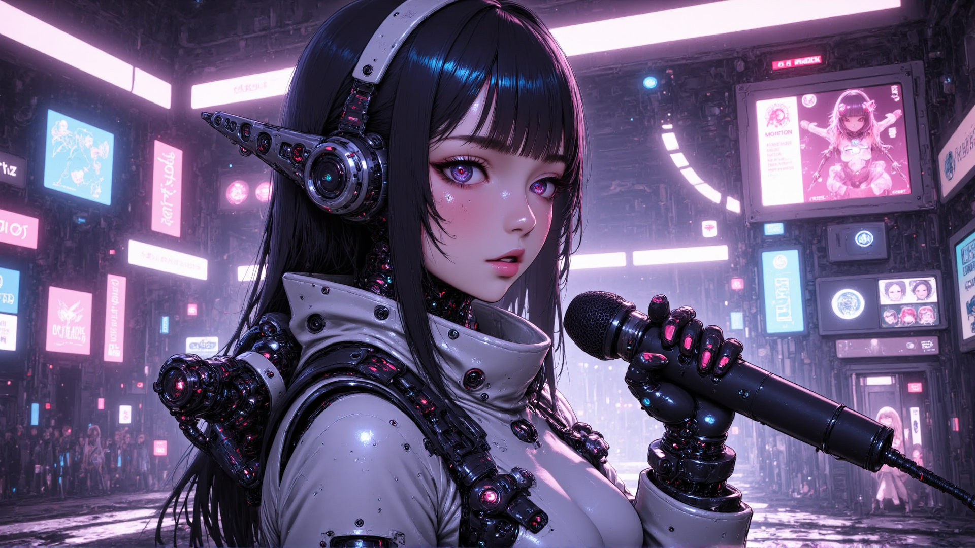 AI generated wallpaper featuring cyborg, girl, microphone, headphones, neon, cityscape
