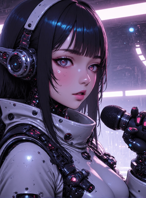 cyborg, girl, microphone, headphones, neon, cityscape