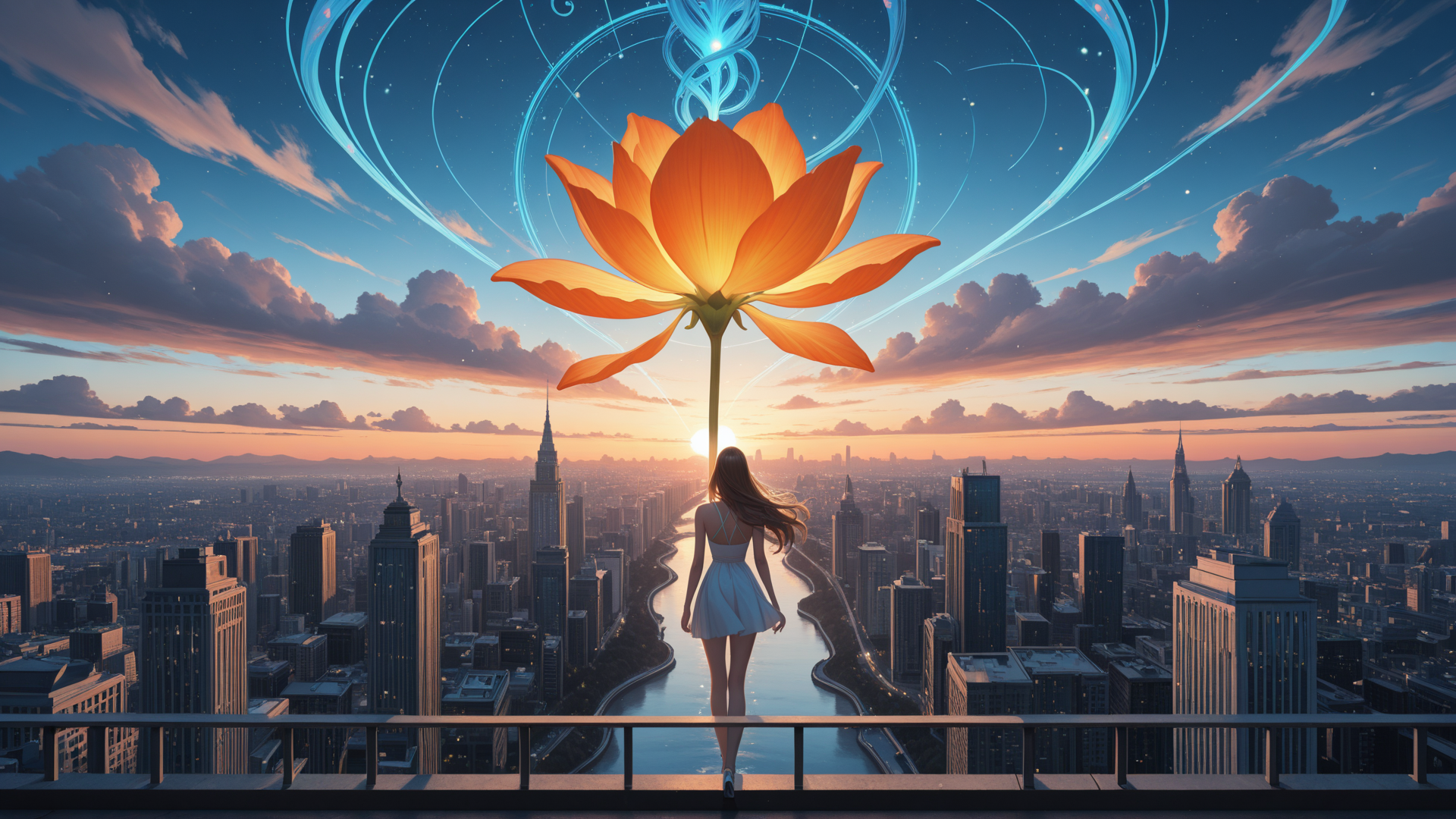 AI generated wallpaper featuring girl, flower, city, river, sky, clouds