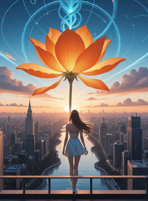 girl, flower, city, river, sky, clouds