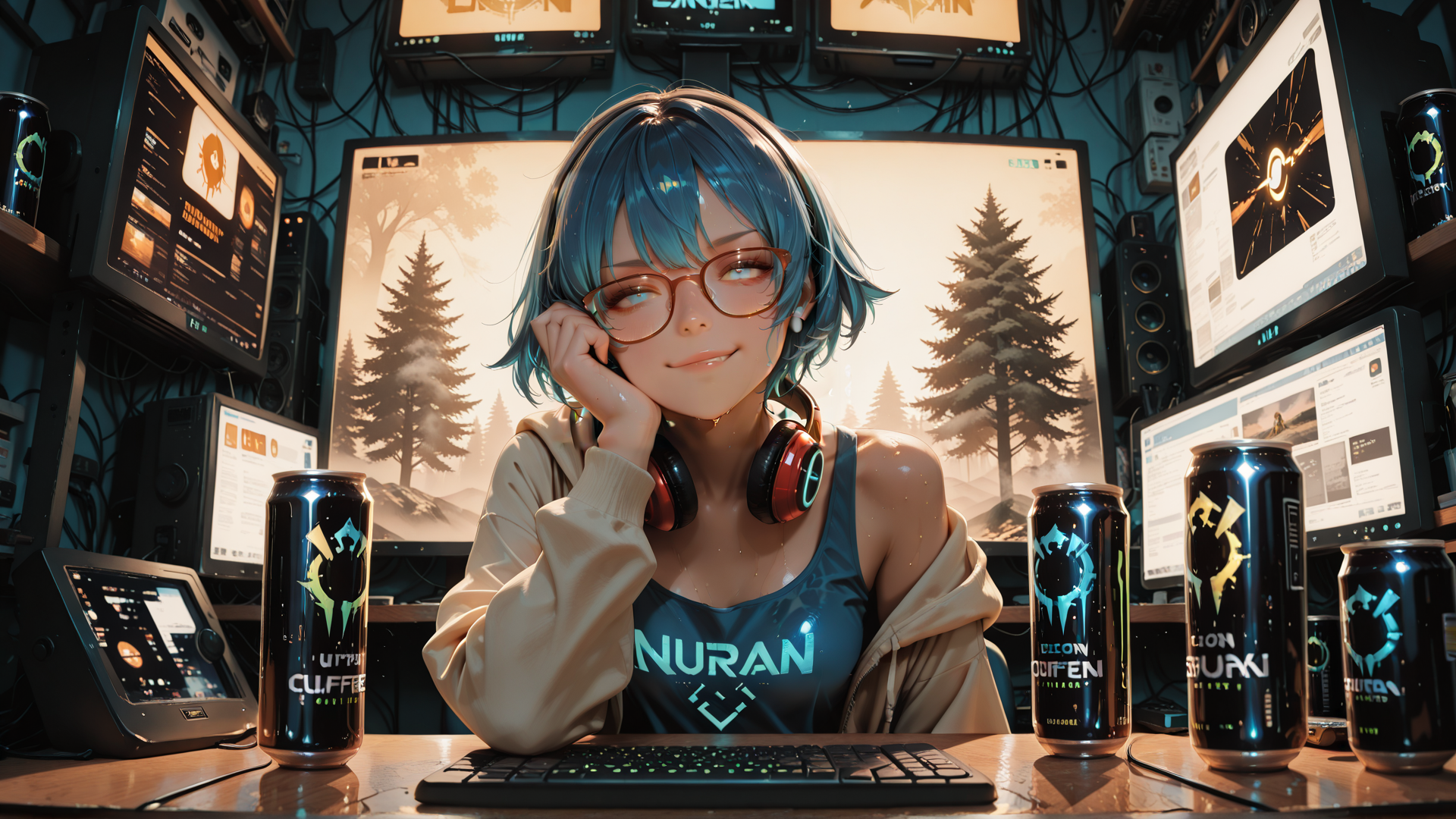 AI generated wallpaper featuring girl, computer, monitor, headphones, can, keyboard, desk, screen, glasses, forest