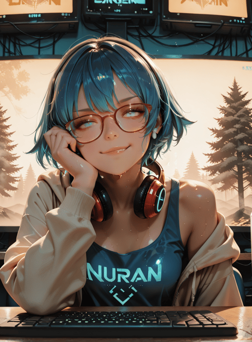 girl, computer, monitor, headphones, can, keyboard, desk, screen, glasses, forest