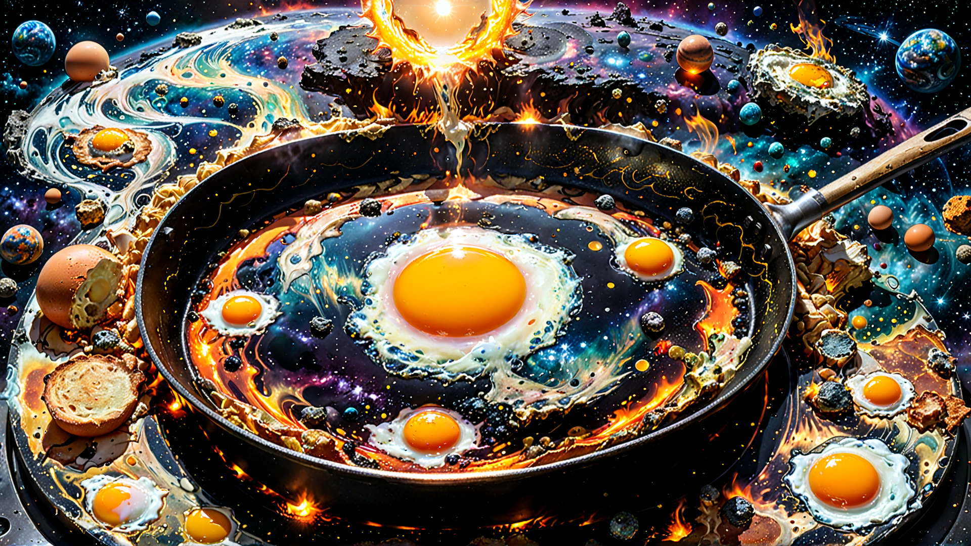 AI generated wallpaper featuring eggs, universe, pan