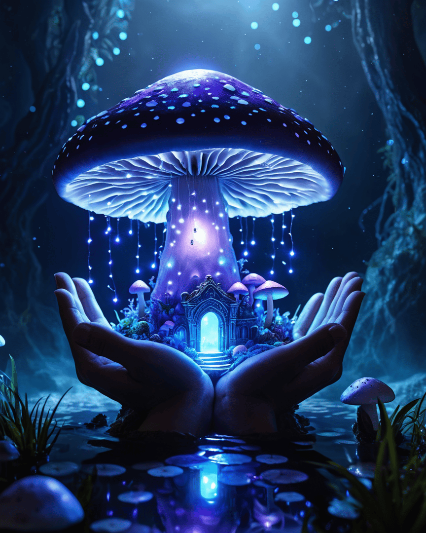 AI generated wallpaper featuring mushroom, hands, house, forest, light