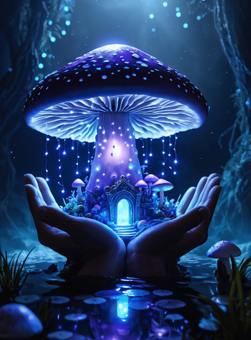 mushroom, hands, house, forest, light