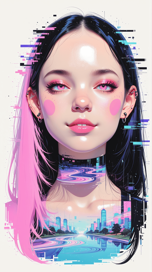 AI generated wallpaper featuring woman, cityscape, neon, glow, digital, art, cyberpunk, glitter, portrait, reflection