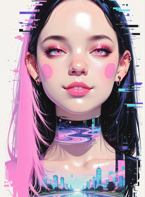 woman, cityscape, neon, glow, digital, art, cyberpunk, glitter, portrait, reflection