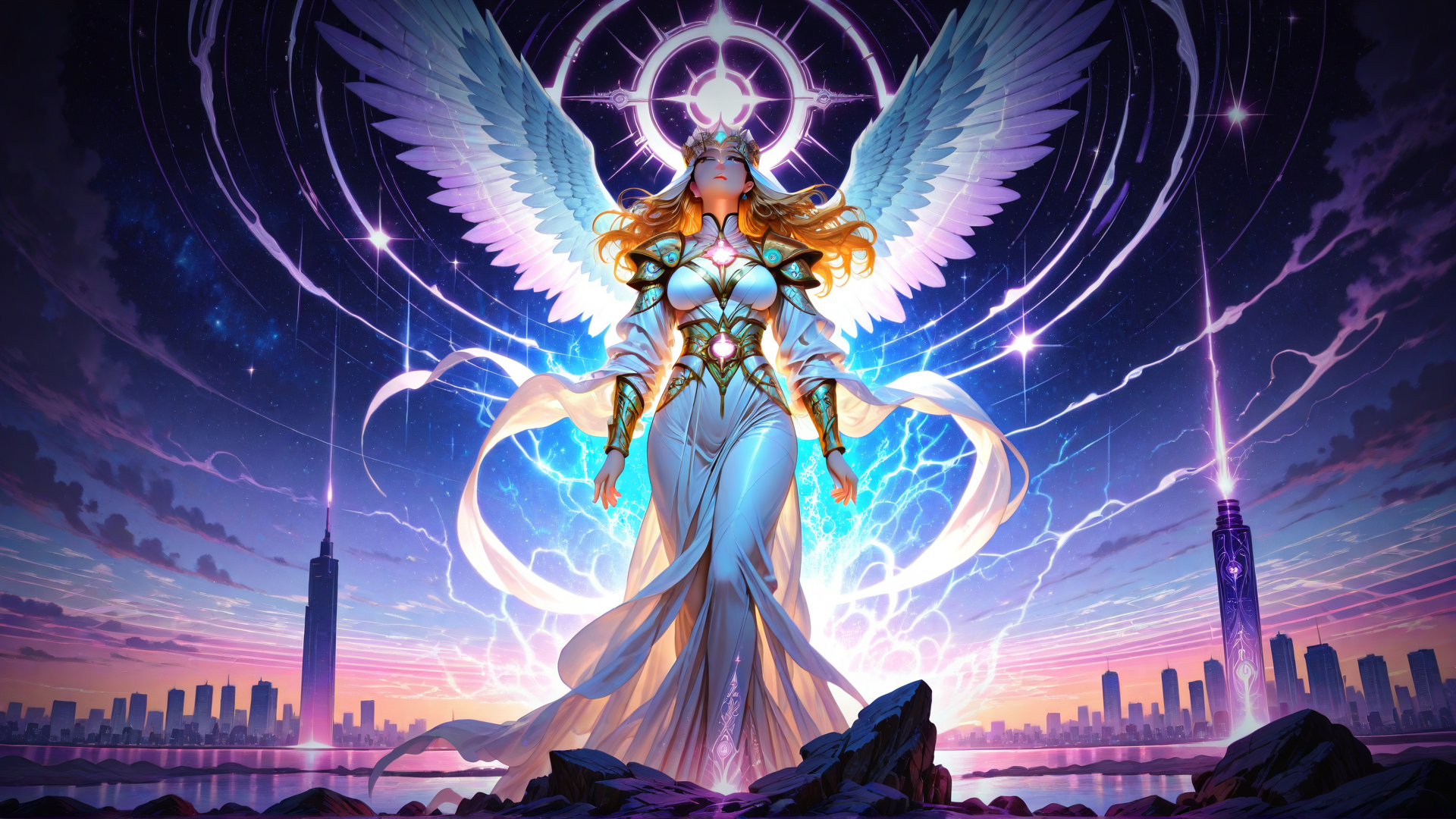 AI generated wallpaper featuring angel, cityscape, femslash