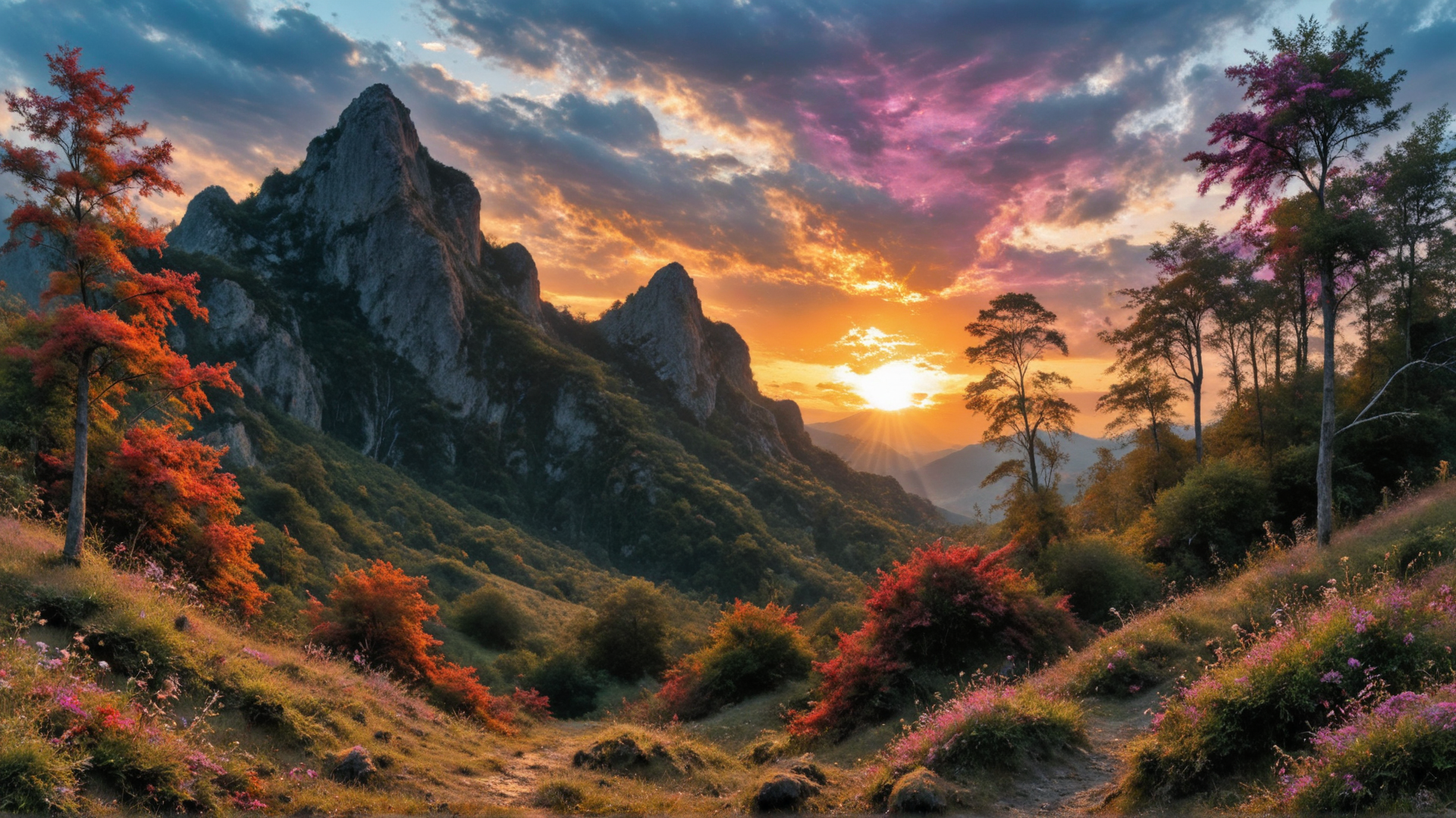 AI generated wallpaper featuring mountains, sun, trees, flowers, hills, sky, valley