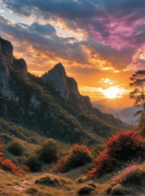 mountains, sun, trees, flowers, hills, sky, valley