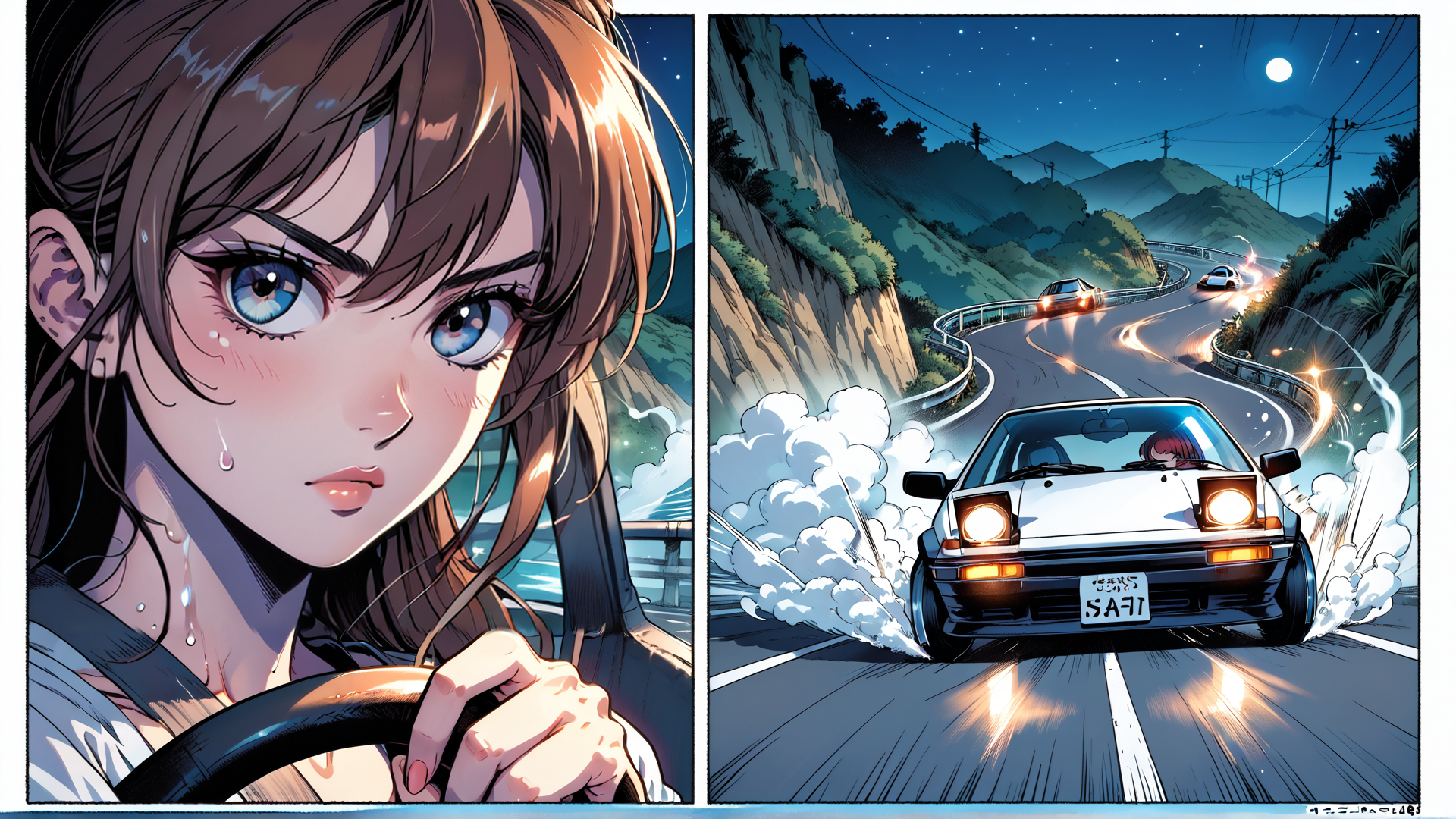 AI generated wallpaper featuring girl, car, road, mountains, moon, stars, wheels, brake, hair, steering wheel