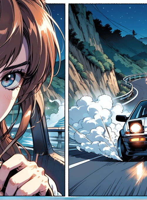 girl, car, road, mountains, moon, stars, wheels, brake, hair, steering wheel