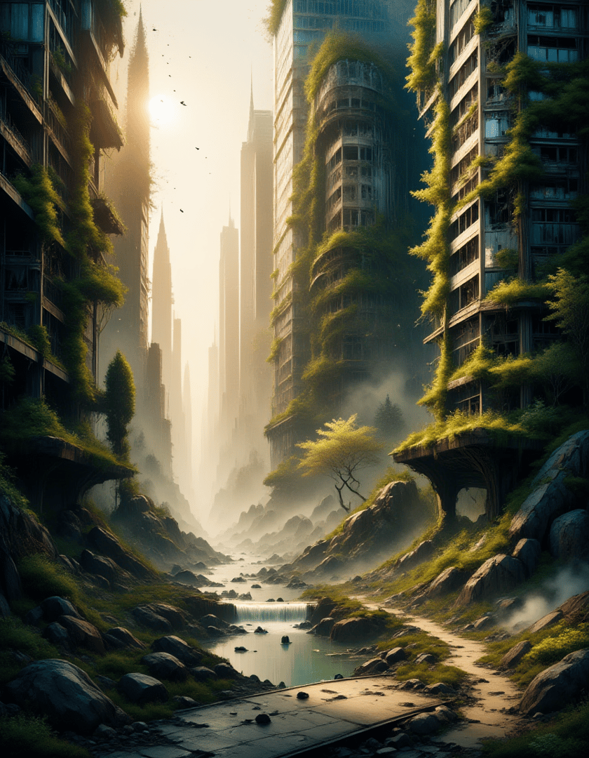 AI generated wallpaper featuring city, nature, river, buildings, trees