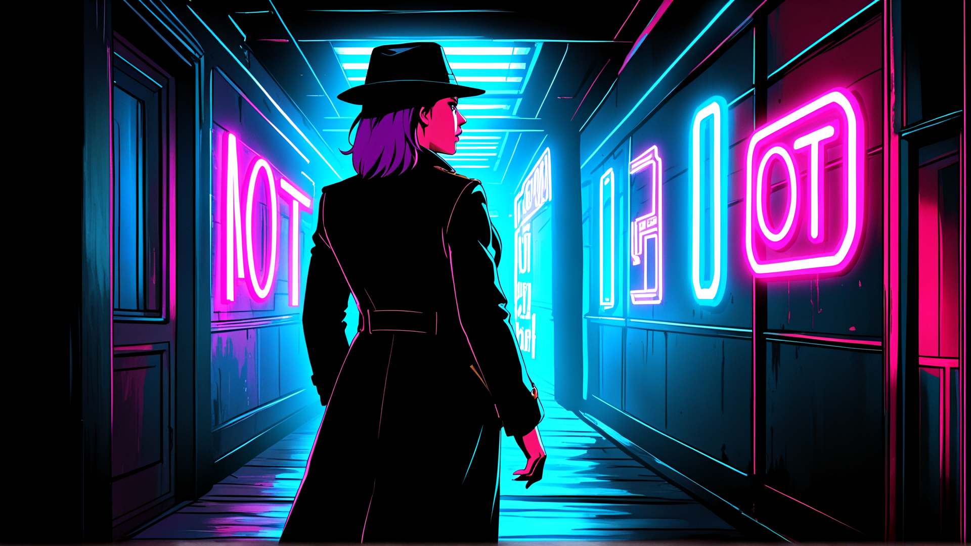 AI generated wallpaper featuring woman, neon, corridor, hat, coat, sign