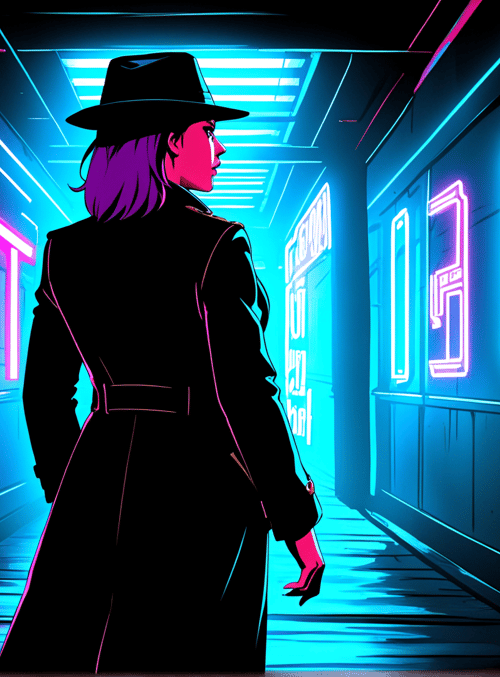 woman, neon, corridor, hat, coat, sign