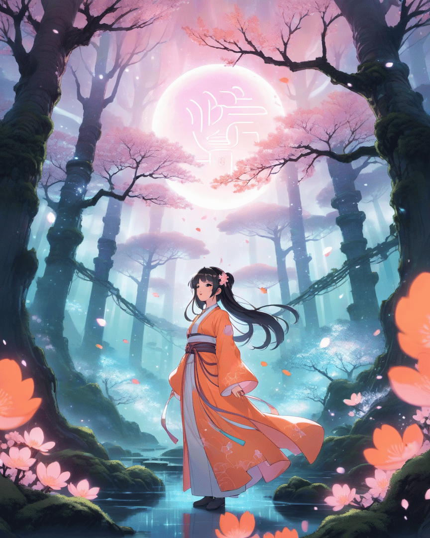 AI generated wallpaper featuring girl, forest, moon