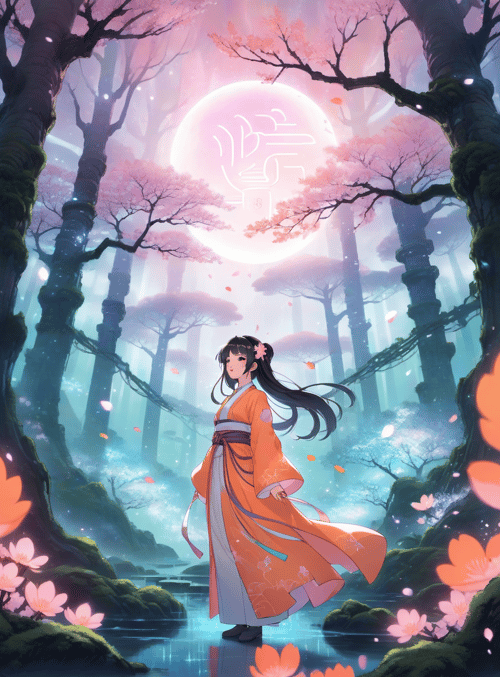 girl, forest, moon