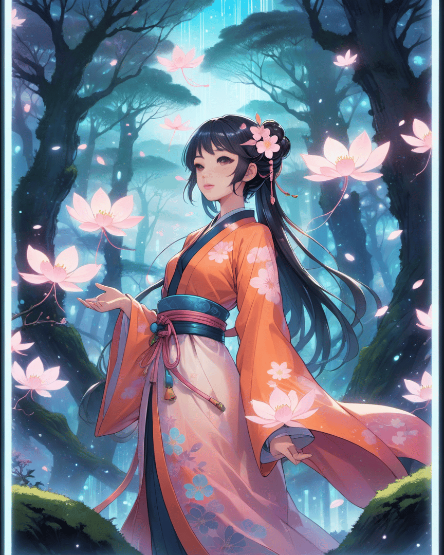 AI generated wallpaper featuring woman, lotus, forest