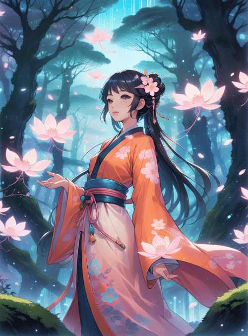 woman, lotus, forest