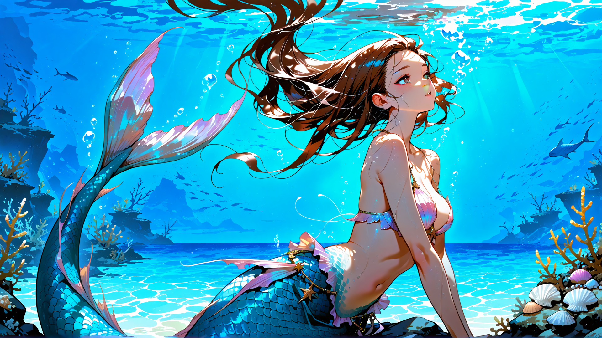 AI generated wallpaper featuring mermaid, fish, coral, seashell, water, sunlight, bubbles, reef, scales, hair