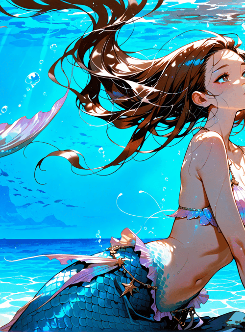mermaid, fish, coral, seashell, water, sunlight, bubbles, reef, scales, hair