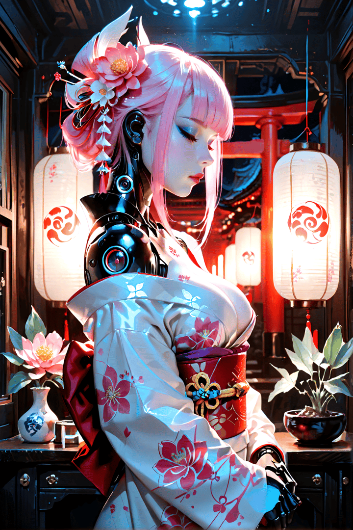 AI generated wallpaper featuring cyberpunk, geisha, robot, kimono, lantern, flower, vase, traditional, mechanical, sakura