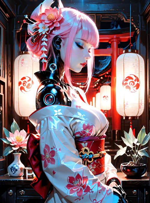 cyberpunk, geisha, robot, kimono, lantern, flower, vase, traditional, mechanical, sakura