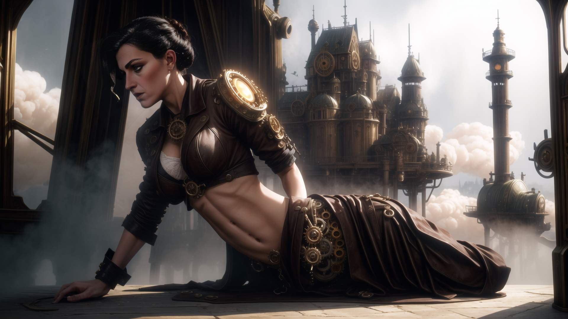 AI generated wallpaper featuring woman, steampunk, gears
