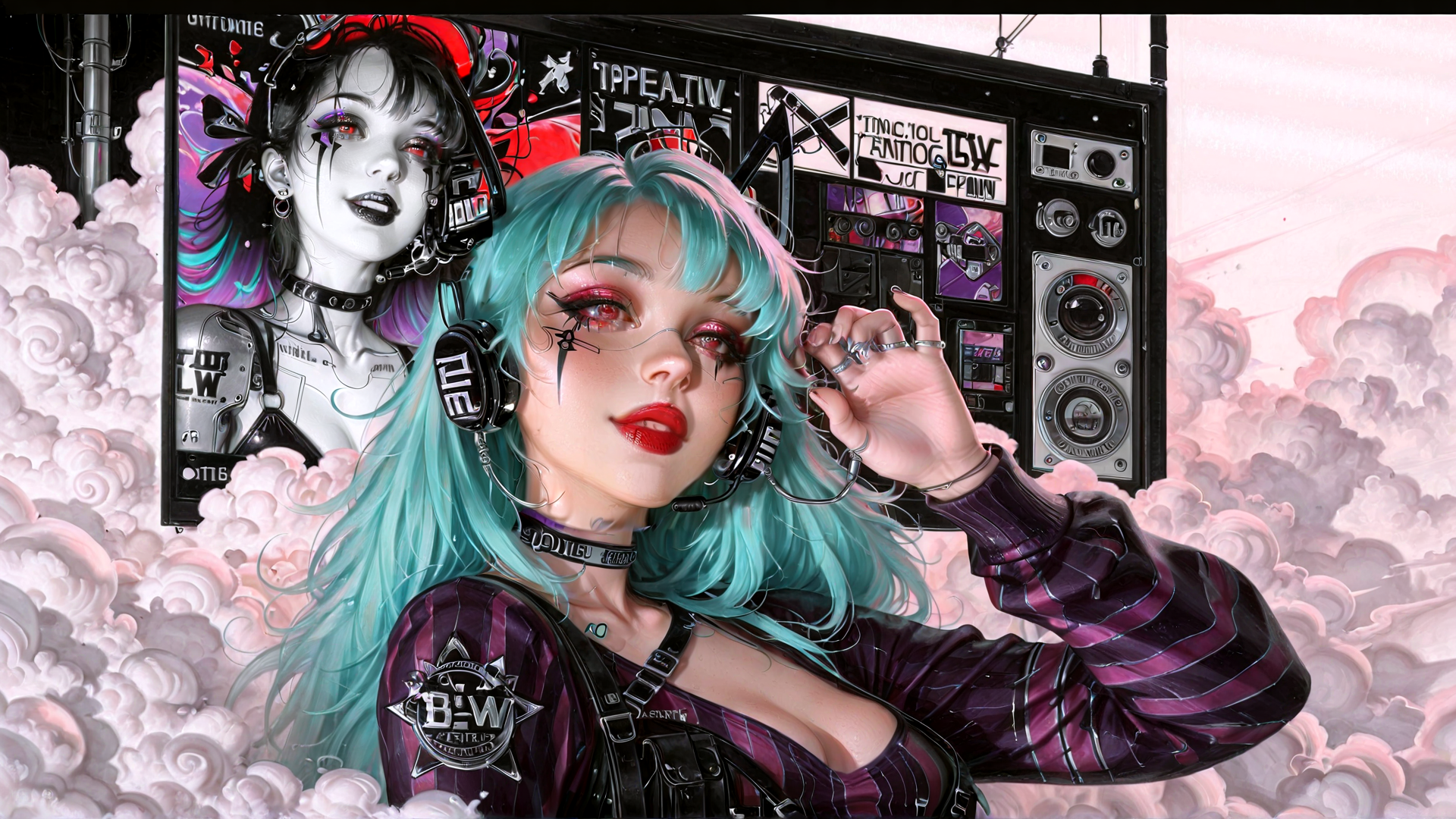 AI generated wallpaper featuring girl, headphones, speaker, cloud, logo, choker, hair, jacket, ring, tattoo