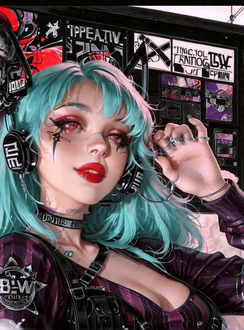 girl, headphones, speaker, cloud, logo, choker, hair, jacket, ring, tattoo