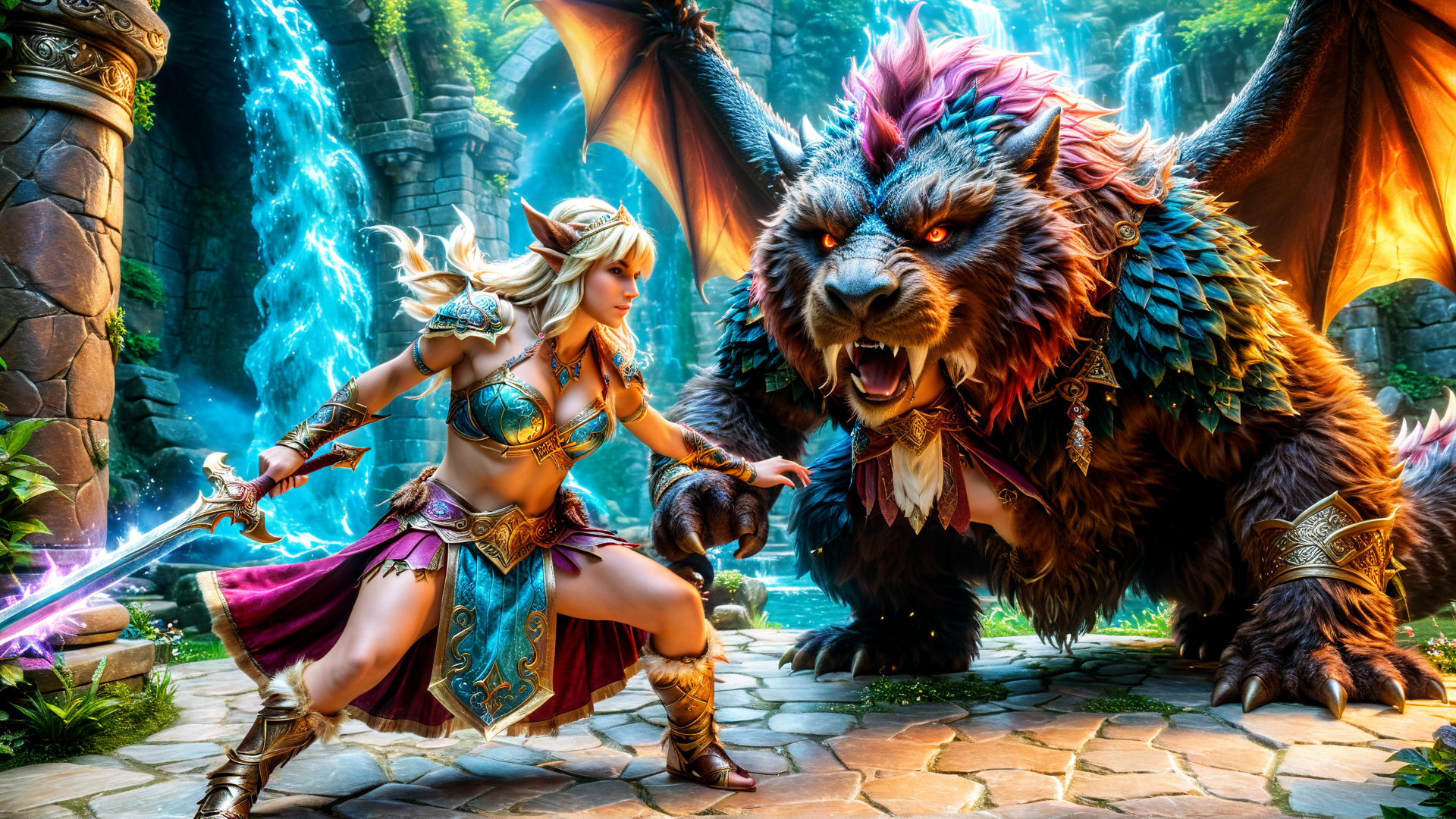 AI generated wallpaper featuring elf, beast, sword, dragon, giant, wolfrider