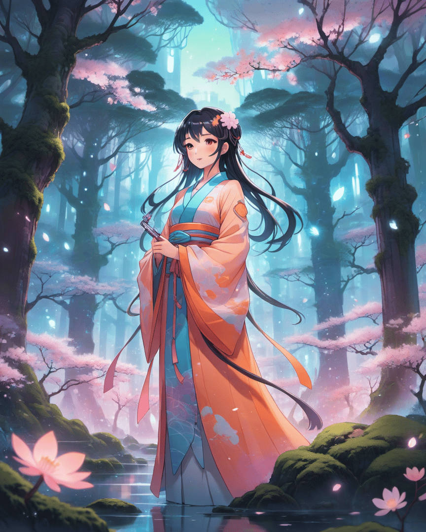 AI generated wallpaper featuring girl, kimi, forest