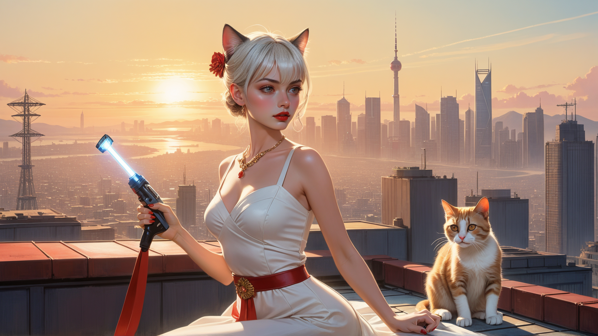 AI generated wallpaper featuring catgirl, cat, cityscape, sunset, futuristic