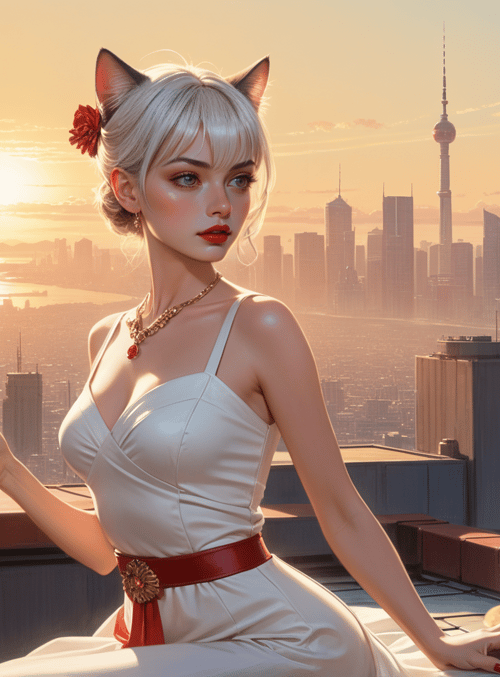 catgirl, cat, cityscape, sunset, futuristic