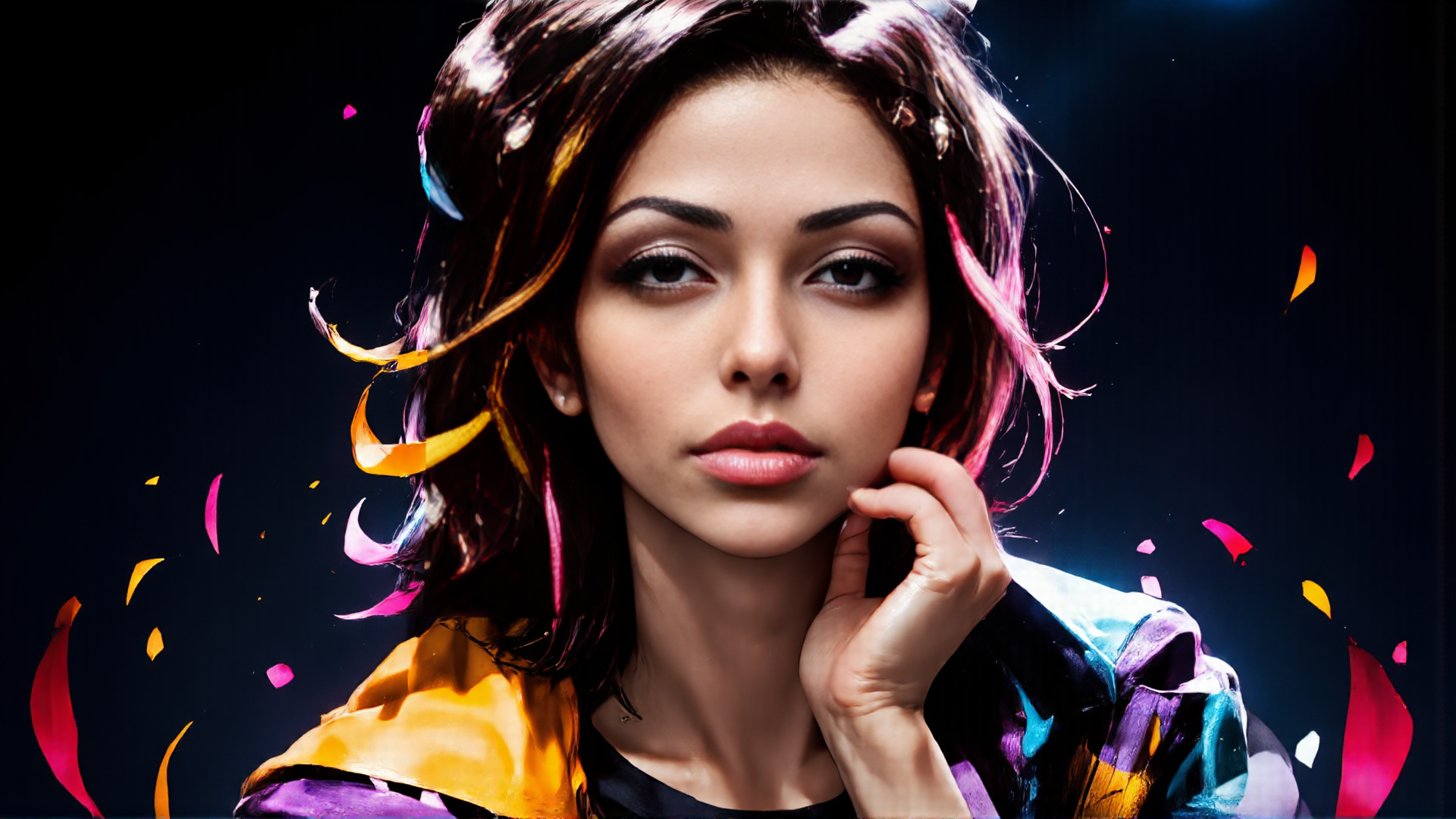 AI generated wallpaper featuring woman, hair, confetti