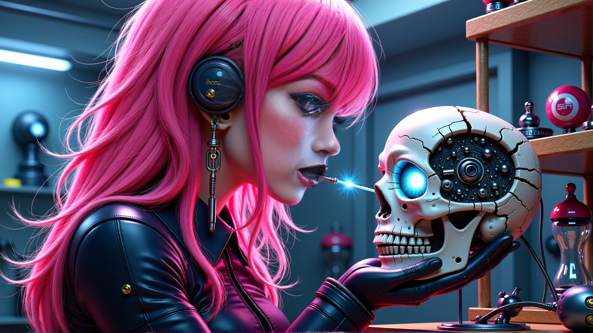 AI generated wallpaper featuring cyborg, skull, woman