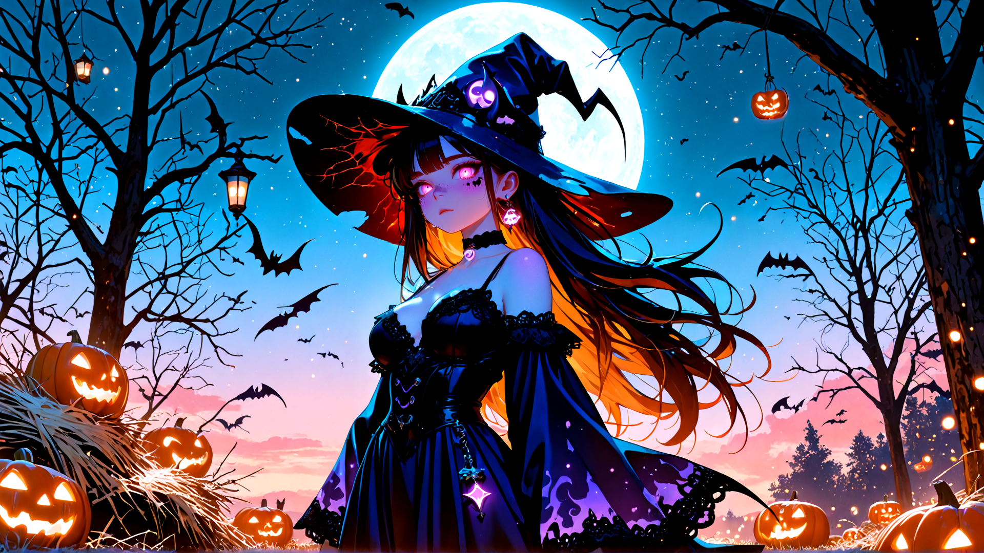 AI generated wallpaper featuring witch, pumpkin, bat, tree, lantern, moon