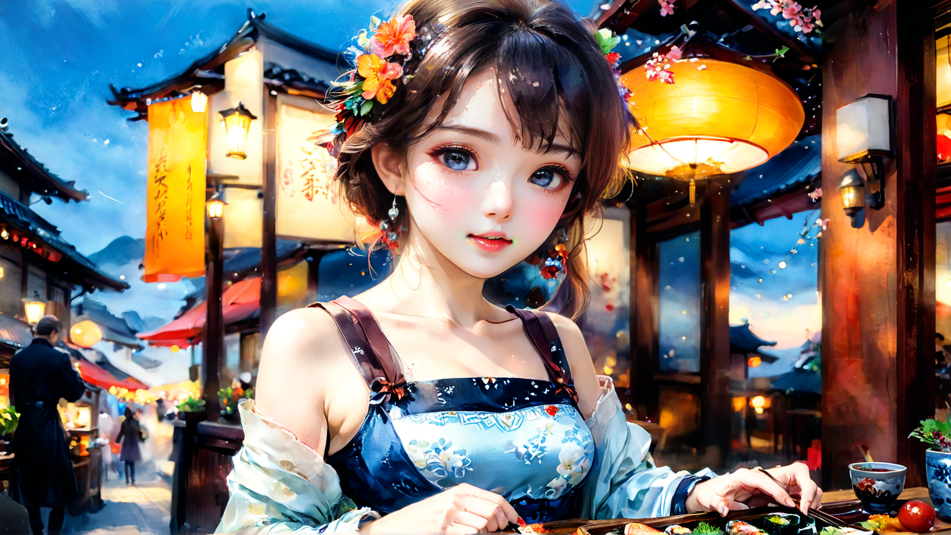 AI generated wallpaper featuring woman, lantern, sushi
