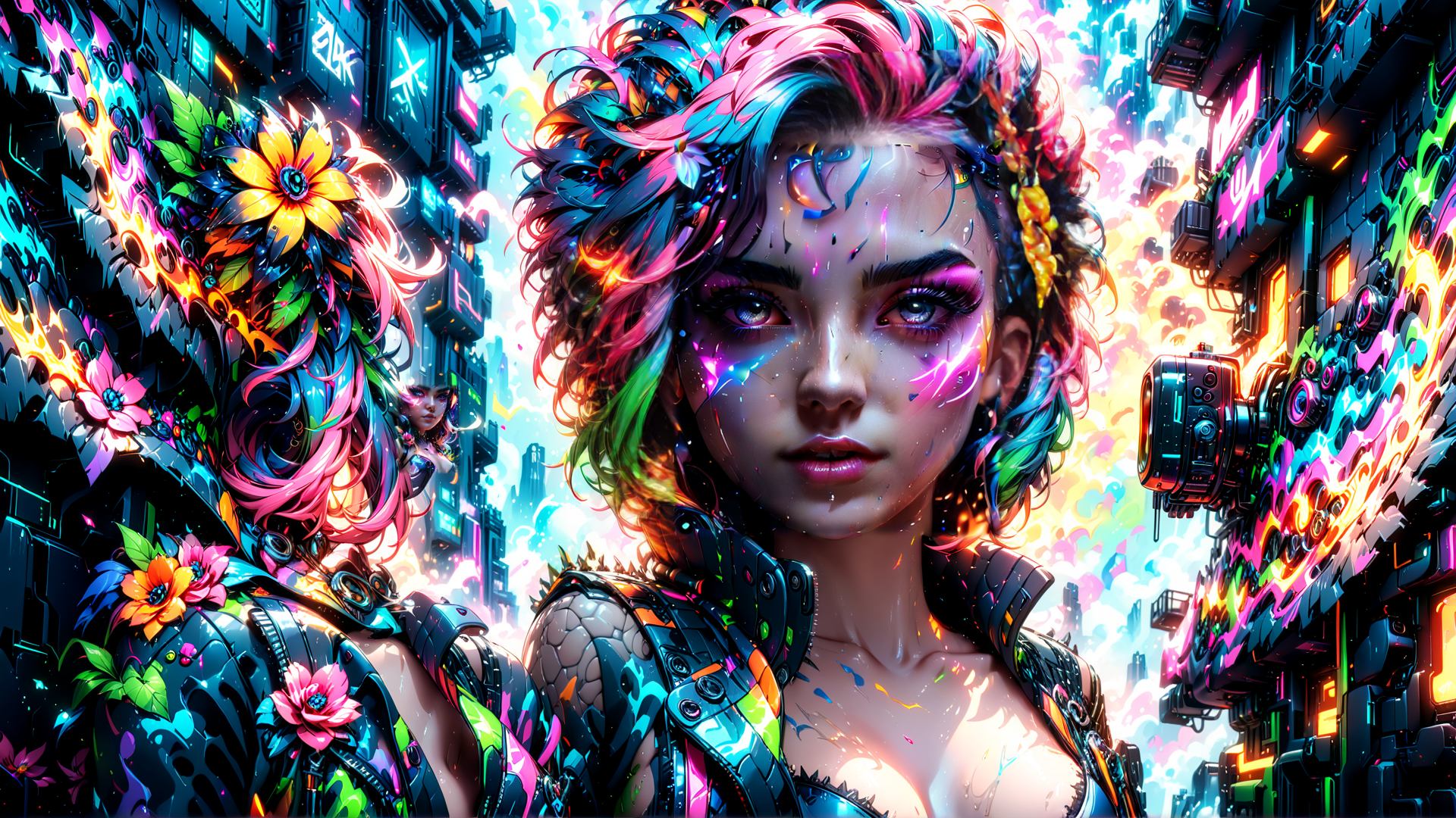 AI generated wallpaper featuring cyborg, woman, flowers