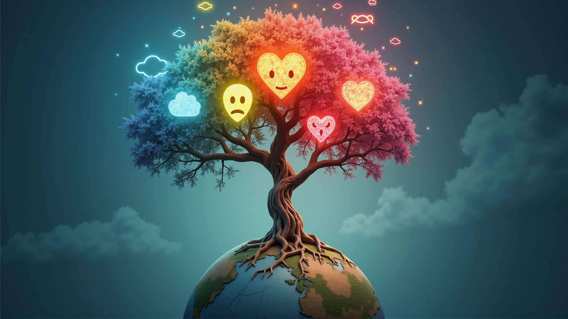 AI generated wallpaper featuring tree, earth, hearts, emojis, clouds