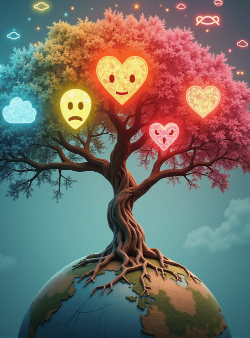 tree, earth, hearts, emojis, clouds