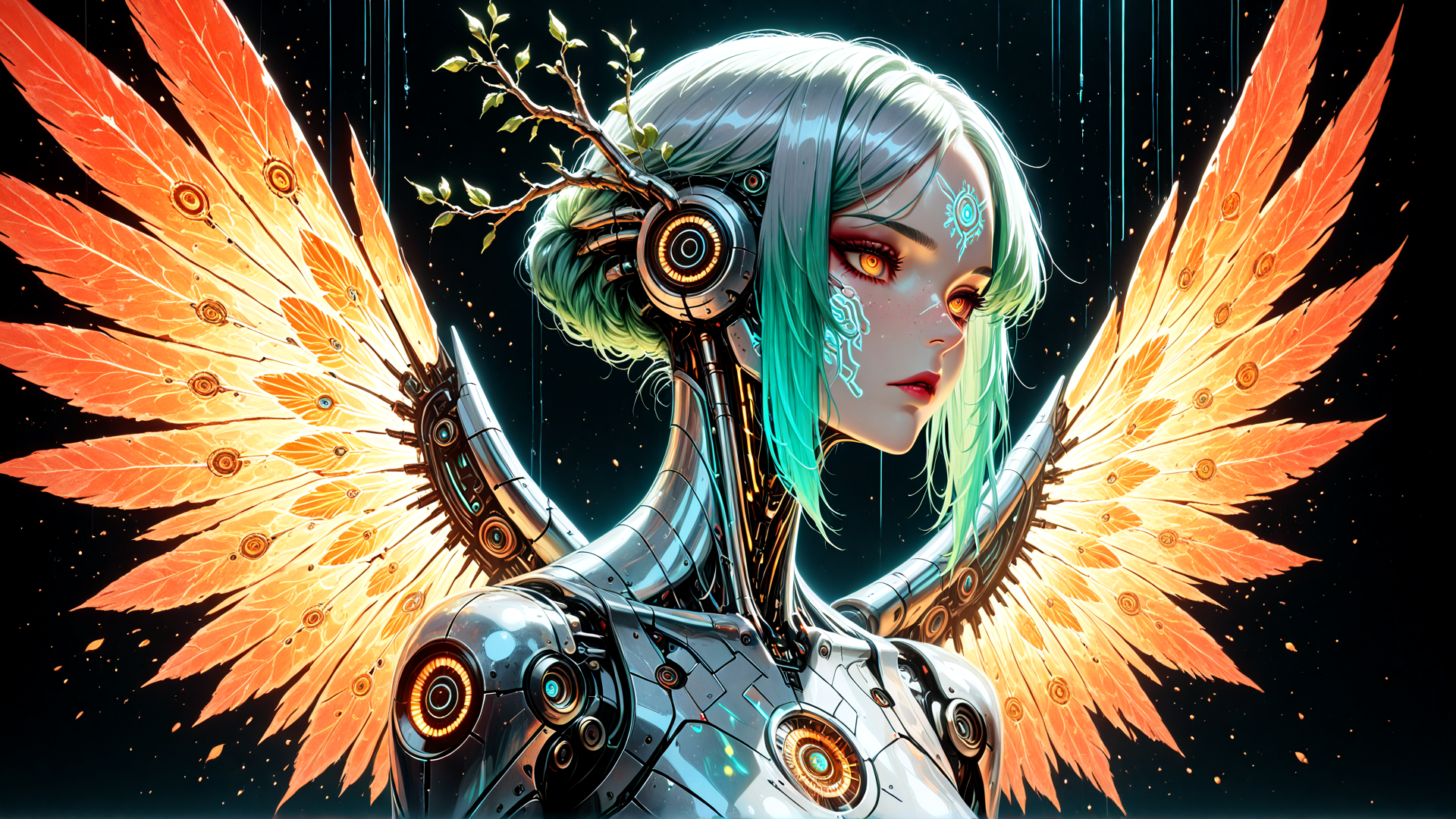 AI generated wallpaper featuring cyborg, angel, robot, wing, branch, headpiece, light, feather, mechanical, glasses