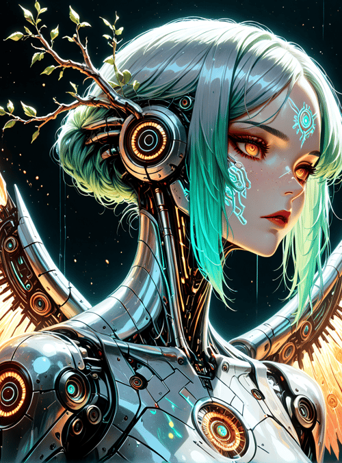 cyborg, angel, robot, wing, branch, headpiece, light, feather, mechanical, glasses