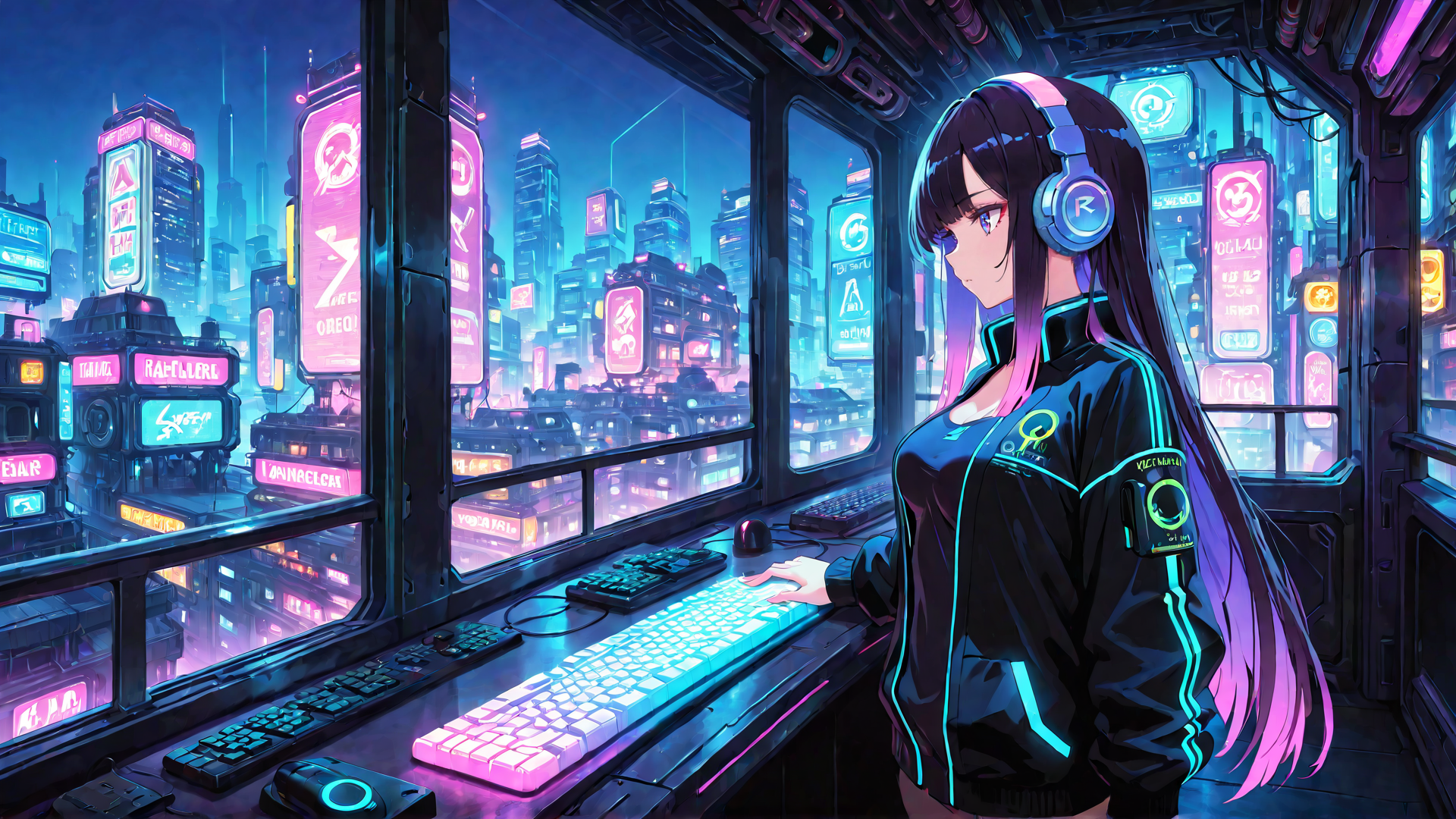 AI generated wallpaper featuring girl, cityscape, keyboard