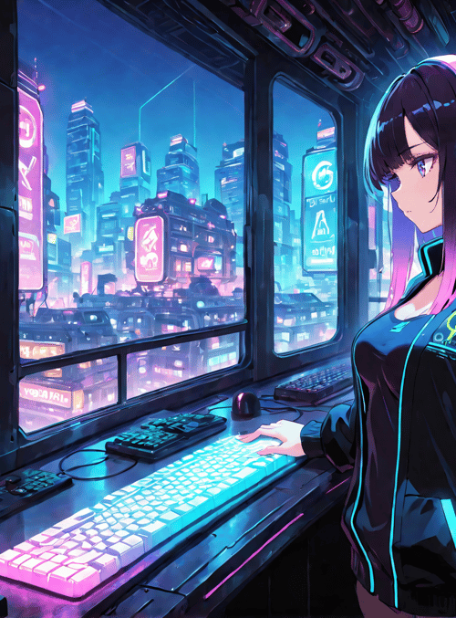 girl, cityscape, keyboard