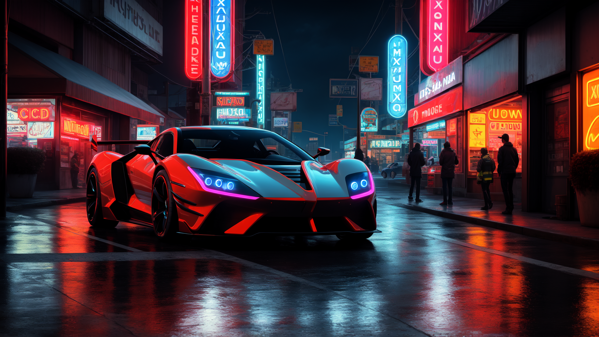 AI generated wallpaper featuring car, neon, street, city, signs, people, buildings, road, light, reflection