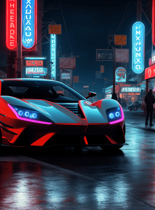 car, neon, street, city, signs, people, buildings, road, light, reflection