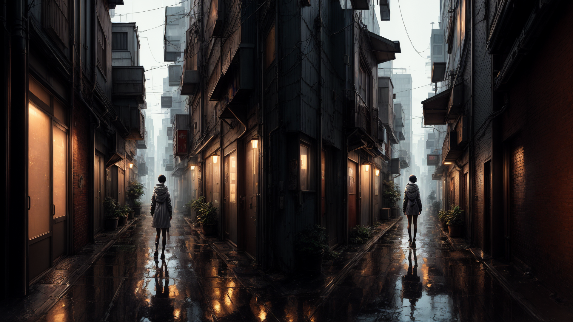 AI generated wallpaper featuring person, alley, city