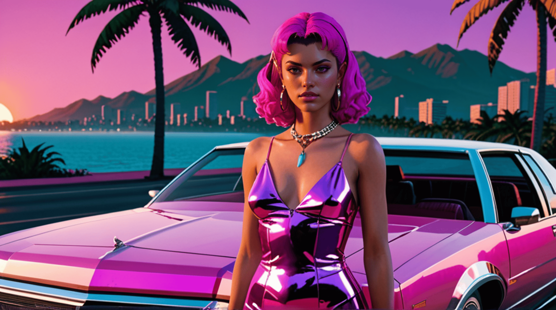 AI generated wallpaper featuring woman, car, palm tree