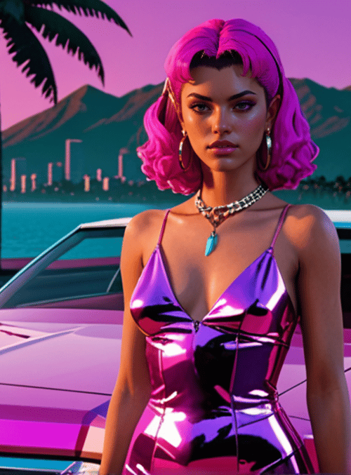 woman, car, palm tree